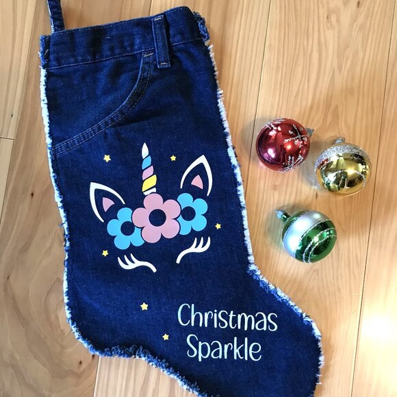Denim Christmas Stocking w/Pocket: Unicorn Sparkle, Holiday Home Decor, S-M - Picture 7 of 9